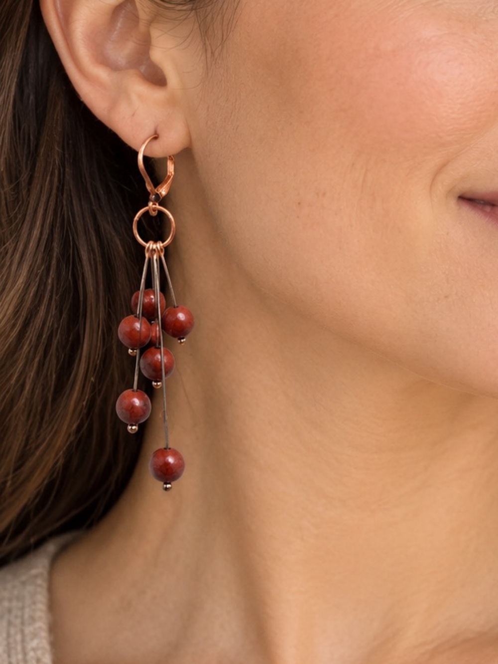 Copper and Jasper Gemstone Bead Dangle Earrings